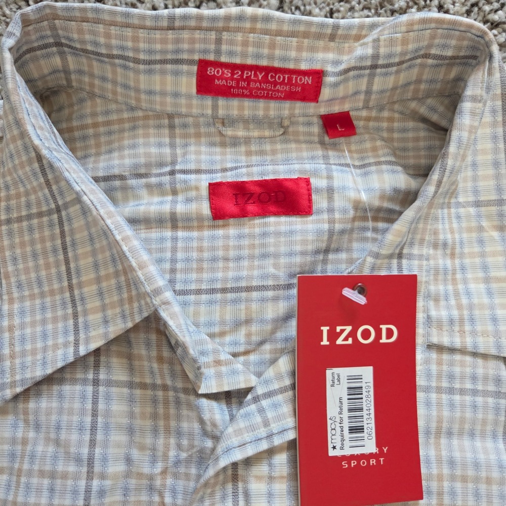 IZOD Luxury Sport Mens Large Plaid Button Down Shirt 80s 2-Ply Cotton Tan NWT - Picture 2 of 6